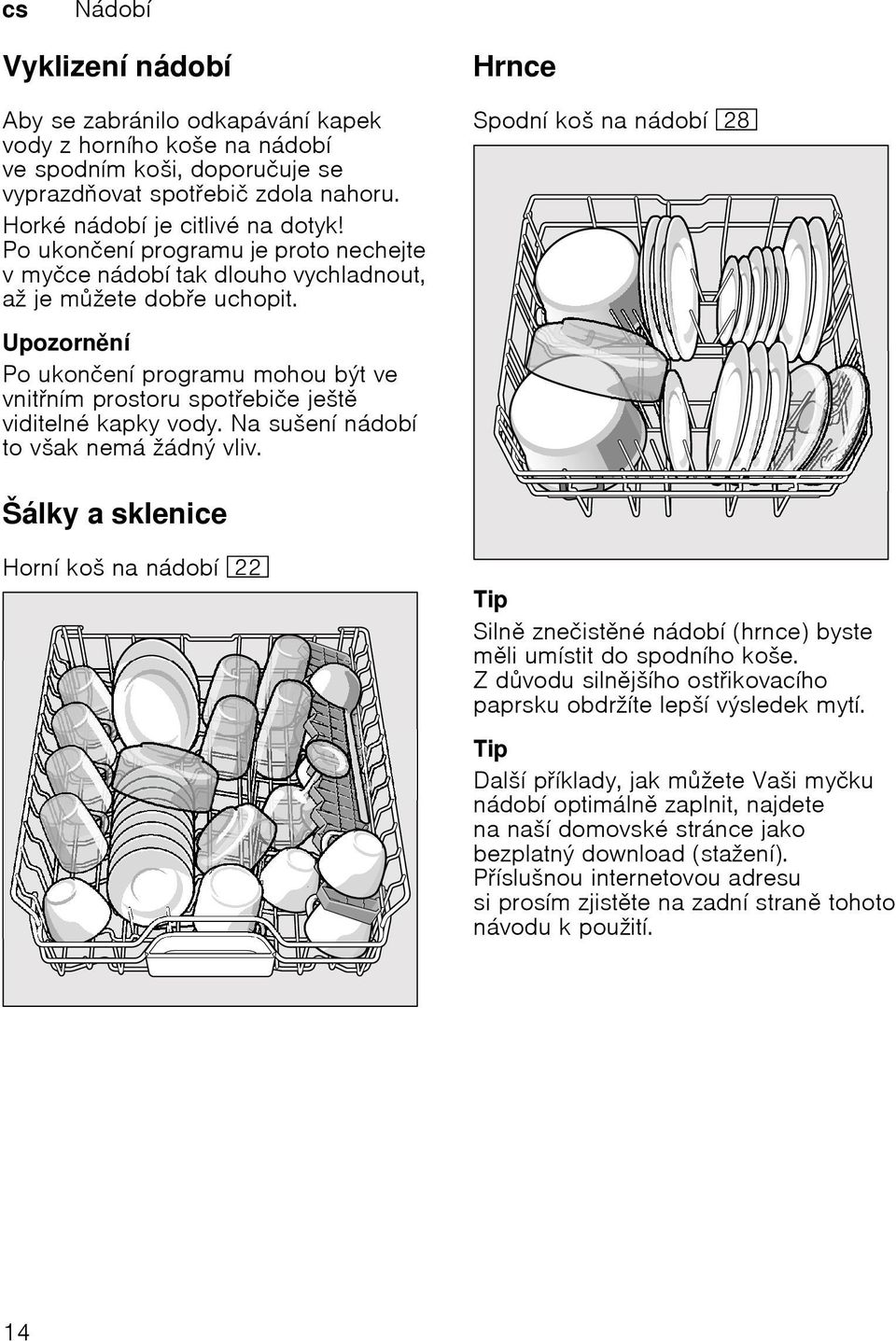 Hrnce Spodní koš na nádobí 1b Upozornní Po ukončení programu mohou být ve vnitním prostoru spotebiče ješt viditelné kapky vody. Na sušení nádobí to však nemá žádný vliv.