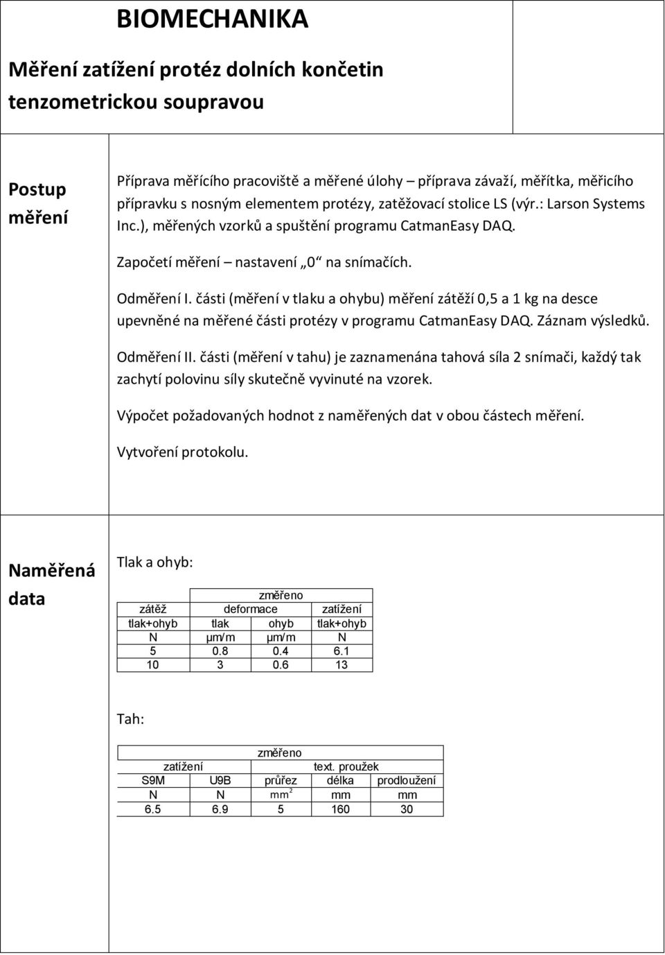 části (měření v tlaku a ohybu) měření zátěží 0,5 a 1 kg na desce upevněné na měřené části protézy v programu CatmanEasy DAQ. Záznam výsledků. Odměření II.