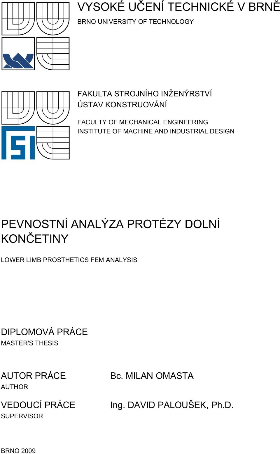 PEVNOSTNÍ ANALÝZA PROTÉZY DOLNÍ KONČETINY LOWER LIMB PROSTHETICS FEM ANALYSIS DIPLOMOVÁ PRÁCE