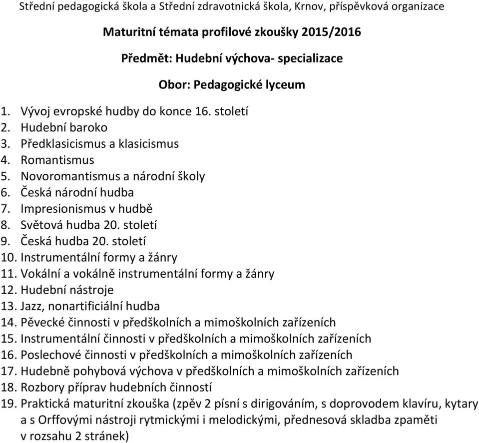 Vokální a vokálně instrumentální formy a žánry 12. Hudební nástroje 13. Jazz, nonartificiální hudba 14. Pěvecké činnosti v předškolních a mimoškolních zařízeních 15.