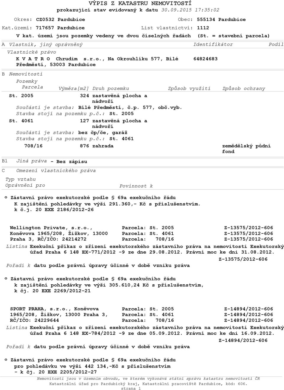 4061 127 zastavěná plcha a nádvří Sučástí je stavba: bez čp/če, garáž Stavba stjí na pzemku p.č.: St. 4061 708/16 876 zahrada zemědělský půdní fnd B1 C V kat.