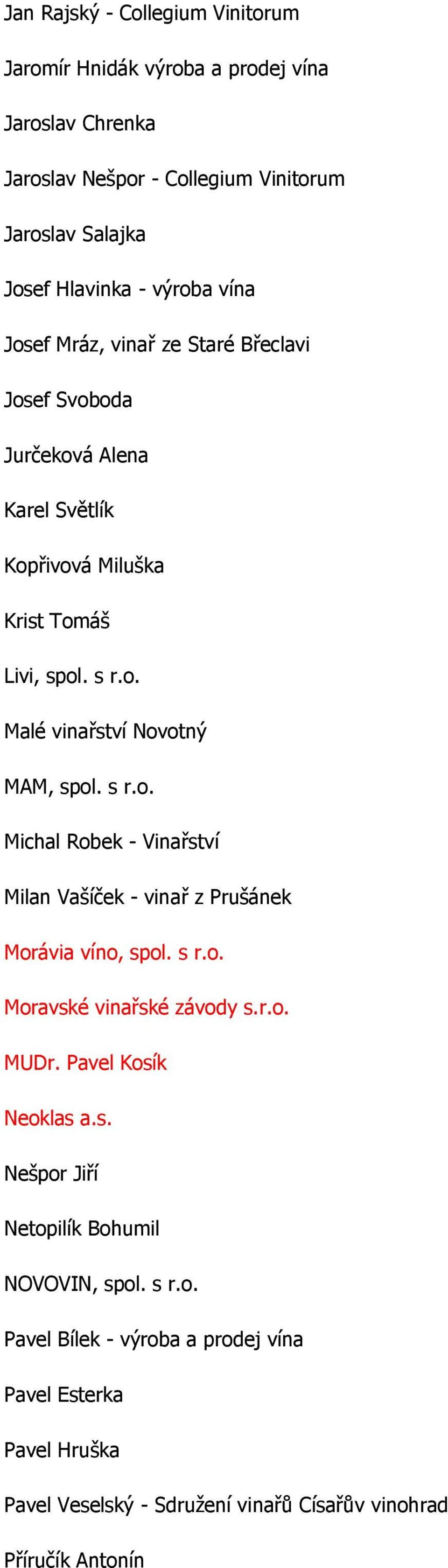 s r.o. Michal Robek - Vinařství Milan Vašíček - vinař z Prušánek Morávia víno, spol. s r.o. Moravské vinařské závody s.r.o. MUDr. Pavel Kosík Neoklas a.s. Nešpor Jiří Netopilík Bohumil NOVOVIN, spol.