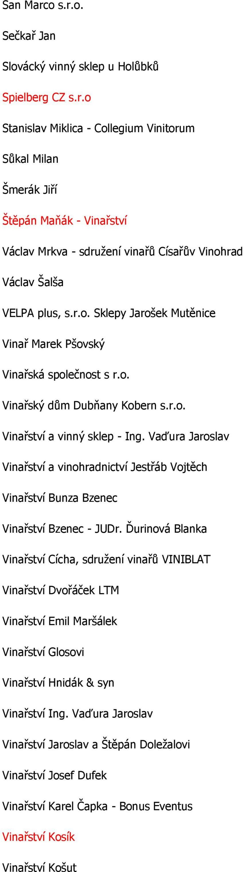 Vaďura Jaroslav Vinařství a vinohradnictví Jestřáb Vojtěch Vinařství Bunza Bzenec Vinařství Bzenec - JUDr.