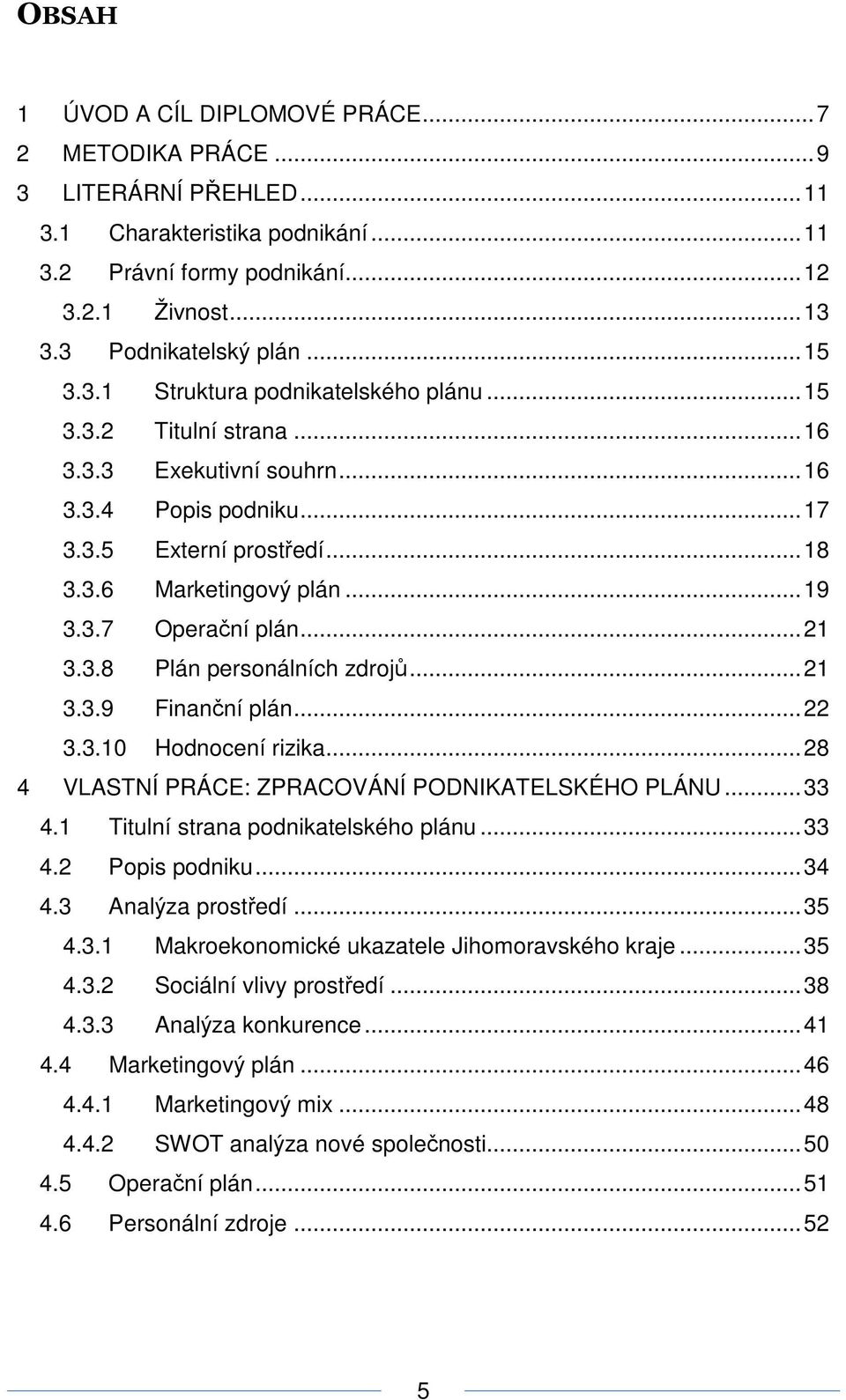 ..21 3.3.8 Plán personálních zdrojů...21 3.3.9 Finanční plán...22 3.3.10 Hodnocení rizika...28 4 VLASTNÍ PRÁCE: ZPRACOVÁNÍ PODNIKATELSKÉHO PLÁNU...33 4.1 Titulní strana podnikatelského plánu...33 4.2 Popis podniku.