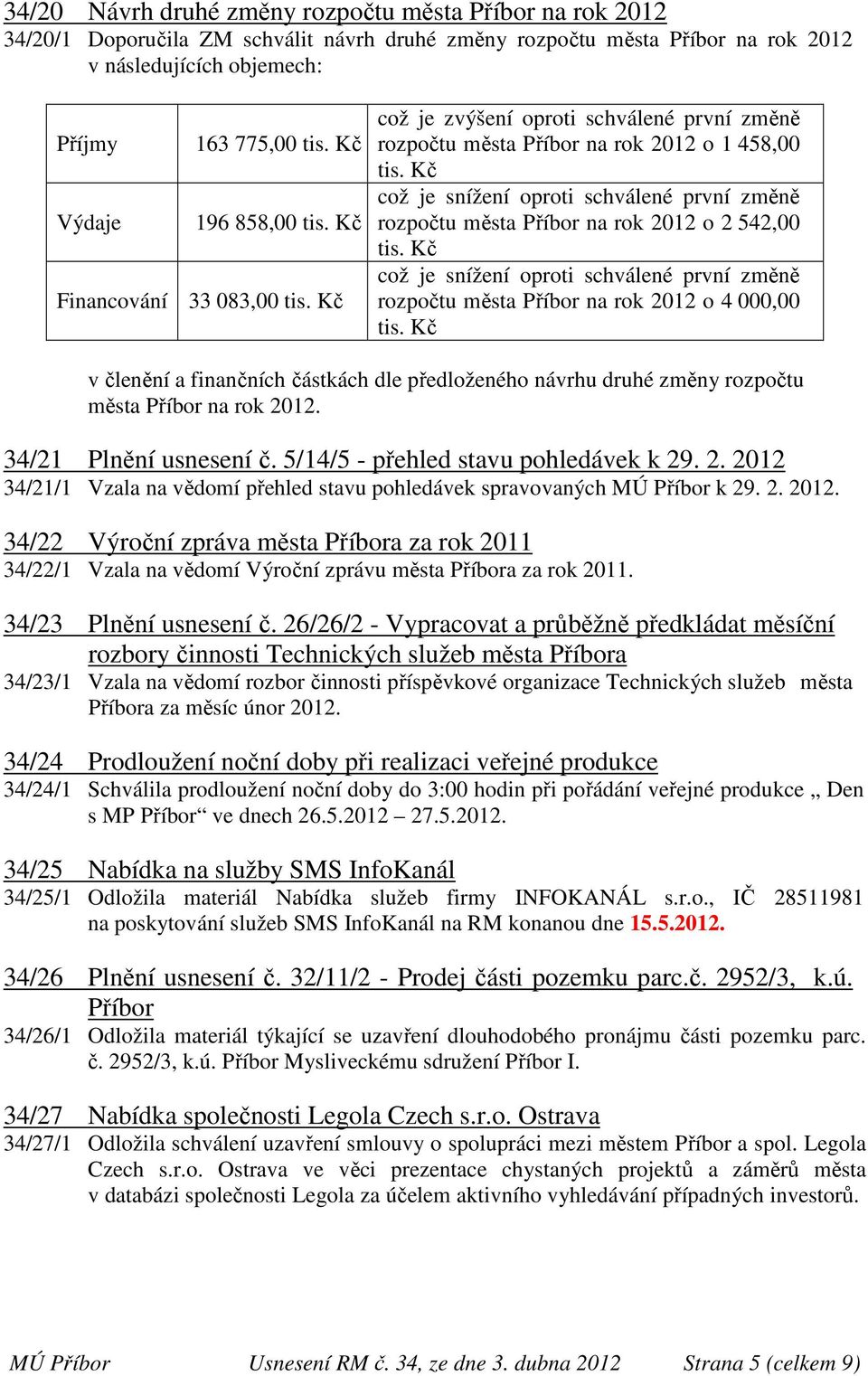 Kč což je snížení oproti schválené první změně rozpočtu města Příbor na rok 2012 o 2 542,00 tis. Kč což je snížení oproti schválené první změně rozpočtu města Příbor na rok 2012 o 4 000,00 tis.