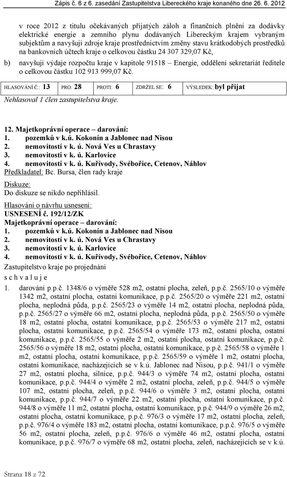 ředitele o celkovou částku 102 913 999,07 Kč. HLASOVÁNÍ Č.: 13 PRO: 28 PROTI: 6 ZDRŽEL SE: 6 VÝSLEDEK: byl přijat Nehlasoval 1 člen zastupitelstva kraje. 12. Majetkoprávní operace darování: 1.