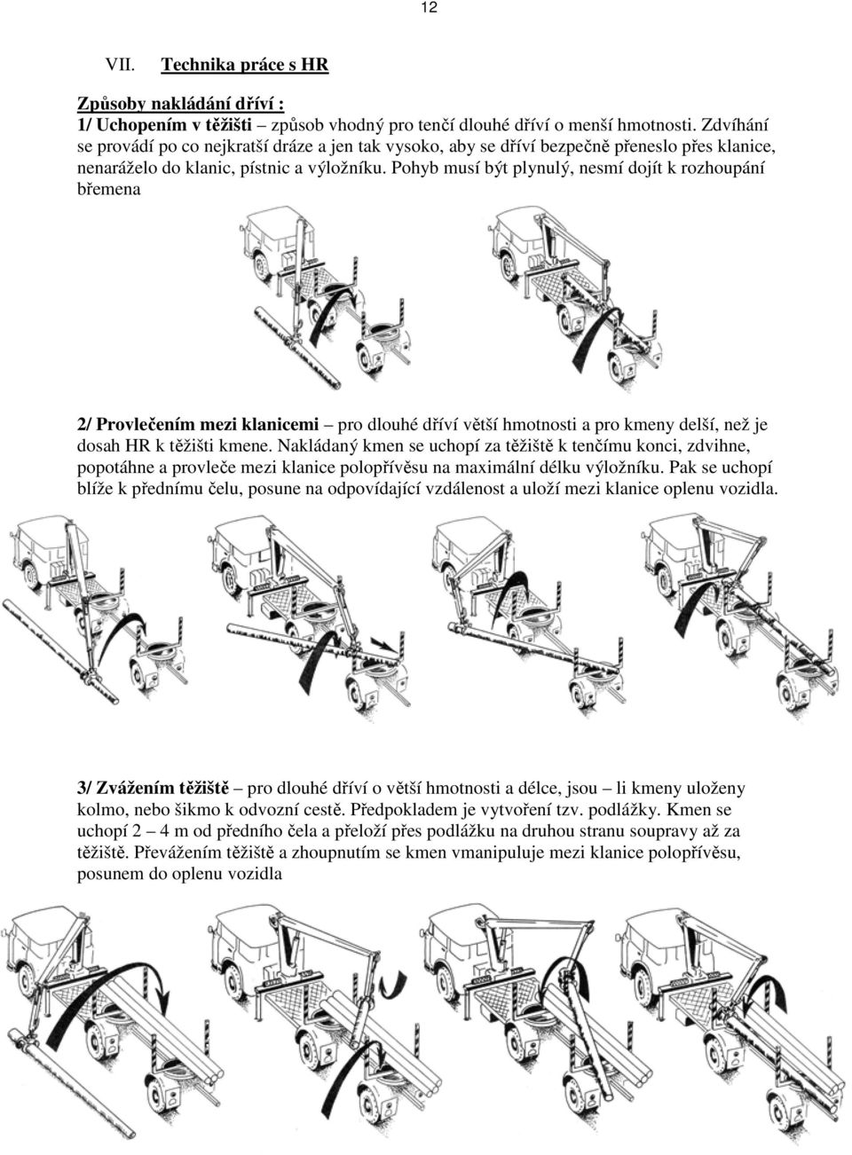 Pohyb musí být plynulý, nesmí dojít k rozhoupání břemena 2/ Provlečením mezi klanicemi pro dlouhé dříví větší hmotnosti a pro kmeny delší, než je dosah HR k těžišti kmene.