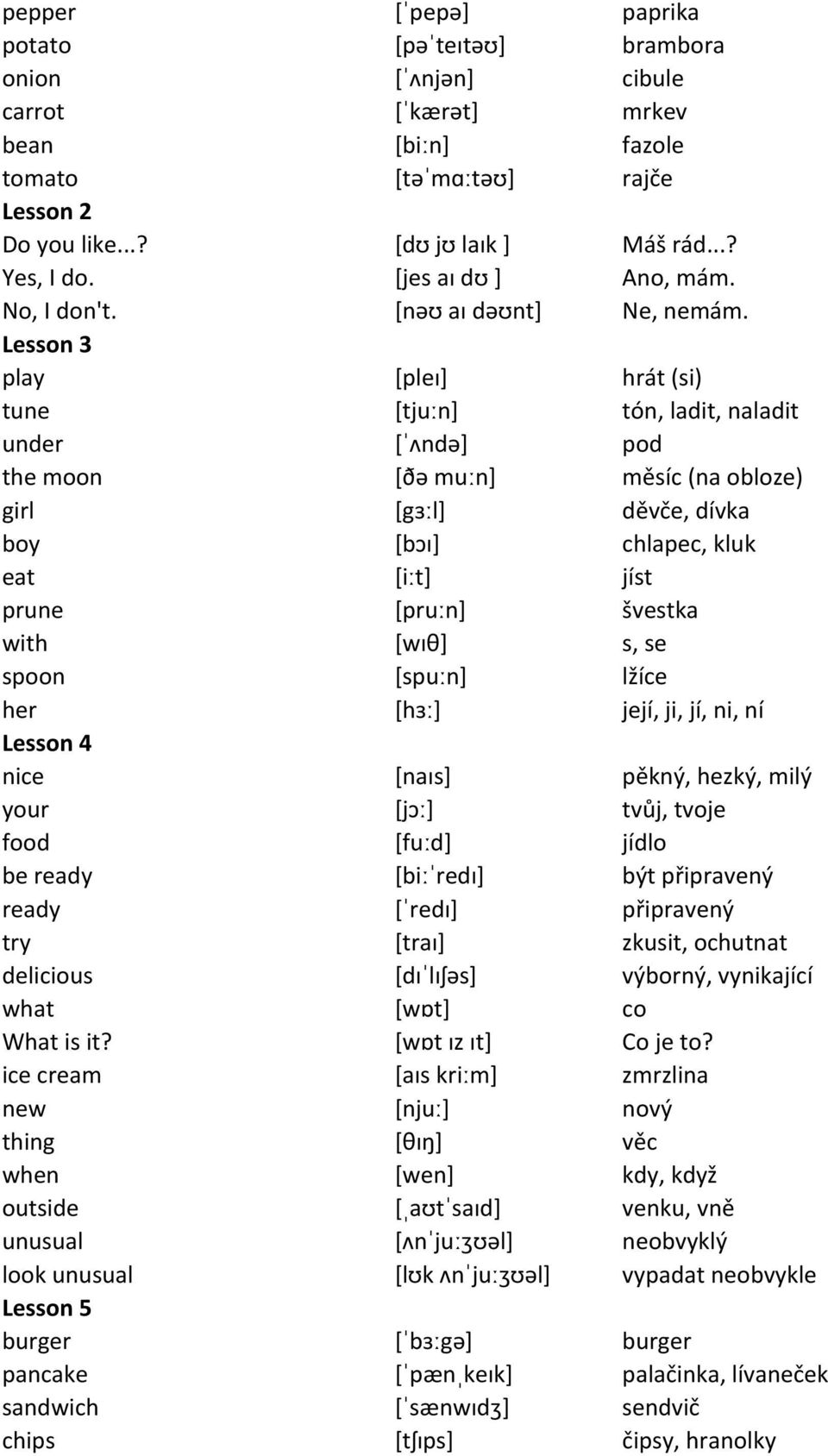 play [pleɪ] hrát (si) tune [tjuːn] tón, ladit, naladit under [ˈʌndə] pod the moon [ðə muːn] měsíc (na obloze) girl [gɜːl] děvče, dívka boy [bɔɪ] chlapec, kluk eat [iːt] jíst prune [pruːn] švestka