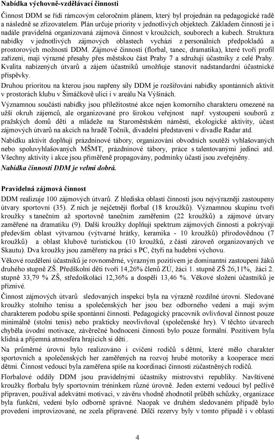 Struktura nabídky v jednotlivých zájmových oblastech vychází z personálních předpokladů a prostorových možností DDM.