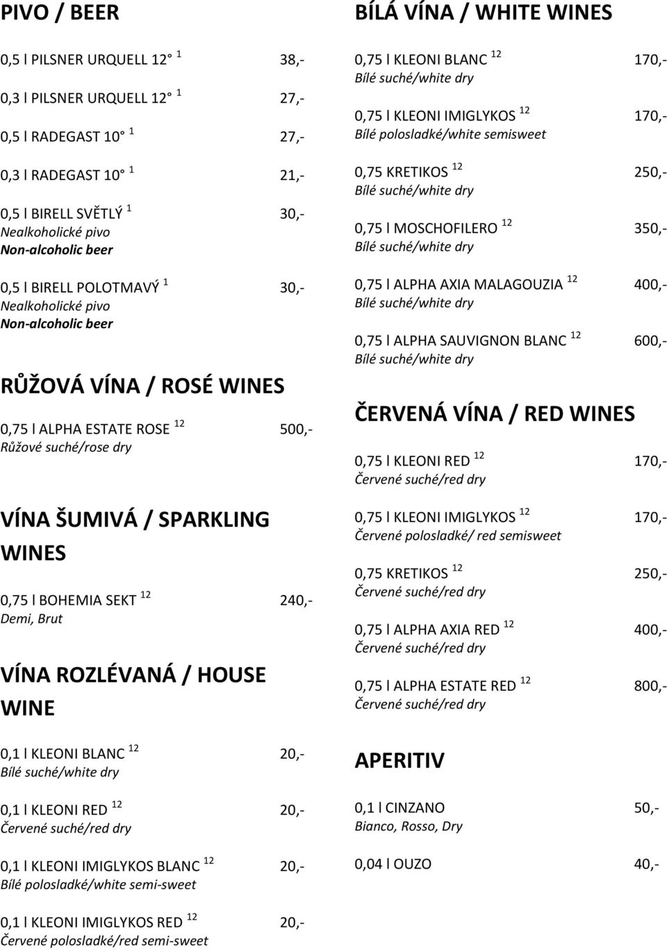 240,- Demi, Brut VÍNA ROZLÉVANÁ / HOUSE WINE 0,1 l KLEONI BLANC 12 20,- 0,1 l KLEONI RED 12 20,- Červené suché/red dry 0,1 l KLEONI IMIGLYKOS BLANC 12 20,- Bílé polosladké/white semi-sweet BÍLÁ VÍNA