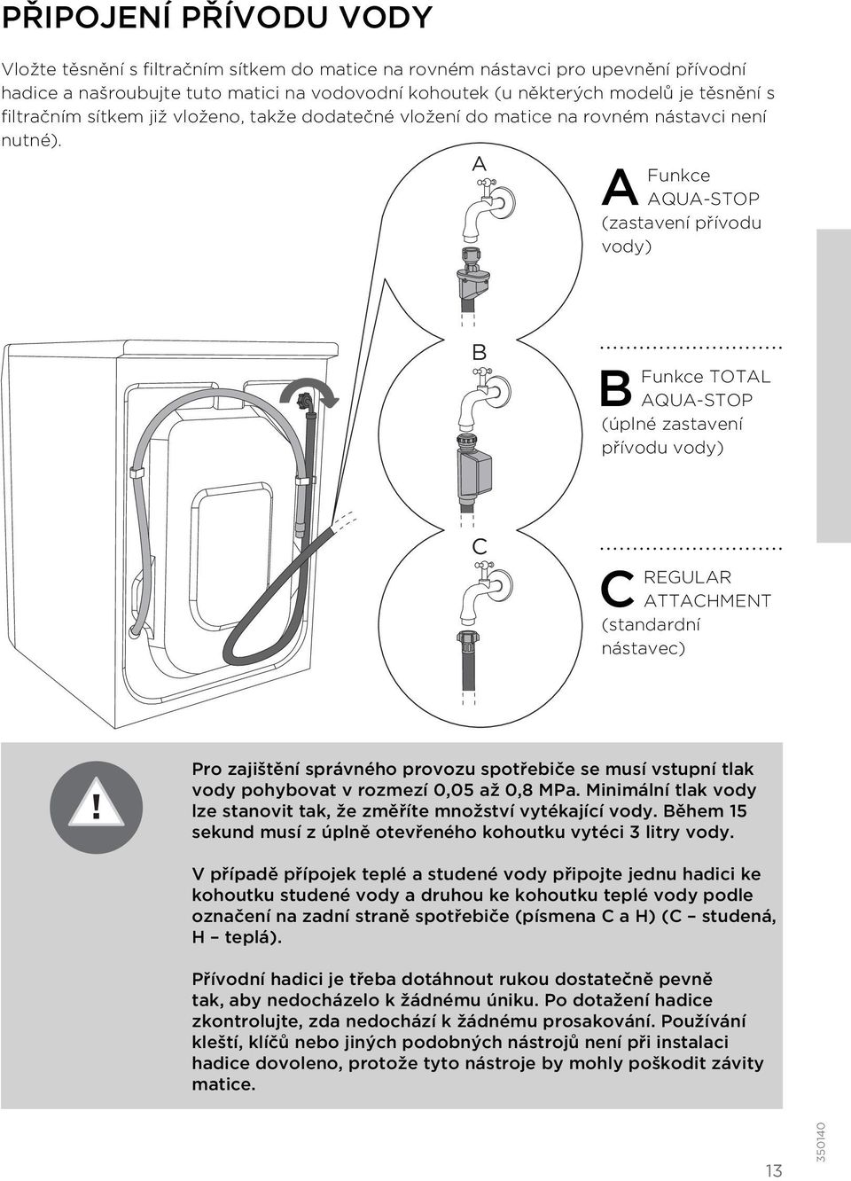 A A Funkce AQUA-STOP (zastavení přívodu vody) B B Funkce TOTAL AQUA-STOP (úplné zastavení přívodu vody) C C REGULAR ATTACHMENT (standardní nástavec) Pro zajištění správného provozu spotřebiče se musí