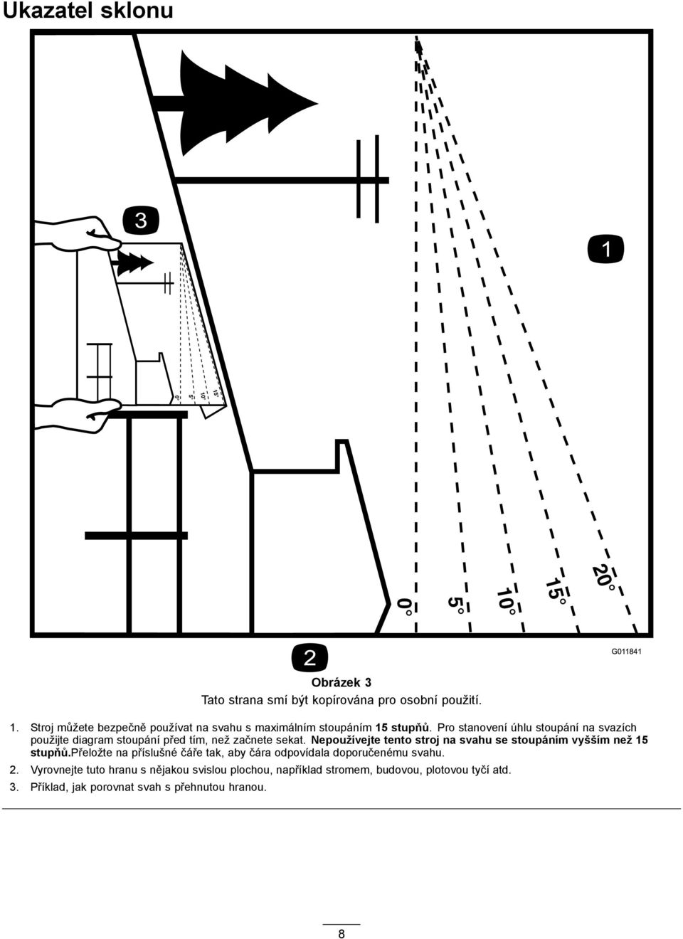 Pro stanovení úhlu stoupání na svazích použijte diagram stoupání před tím, než začnete sekat.