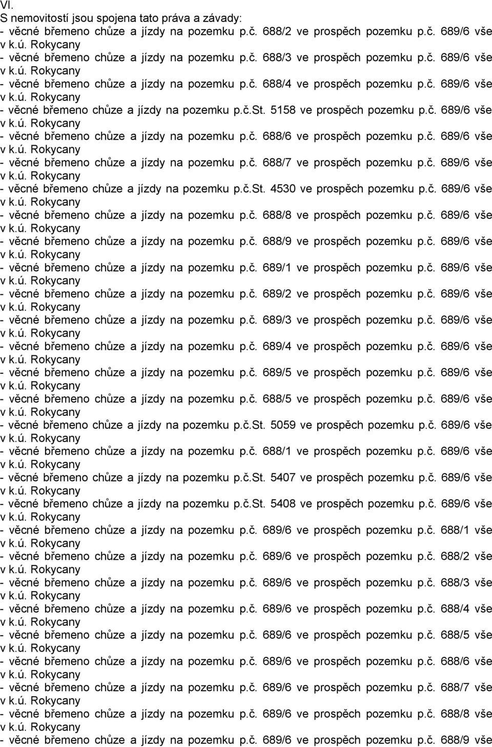 č. 689/6 vše - věcné břemeno chůze a jízdy na pozemku p.č. 688/7 ve prospěch pozemku p.č. 689/6 vše - věcné břemeno chůze a jízdy na pozemku p.č.st. 4530 ve prospěch pozemku p.č. 689/6 vše - věcné břemeno chůze a jízdy na pozemku p.č. 688/8 ve prospěch pozemku p.