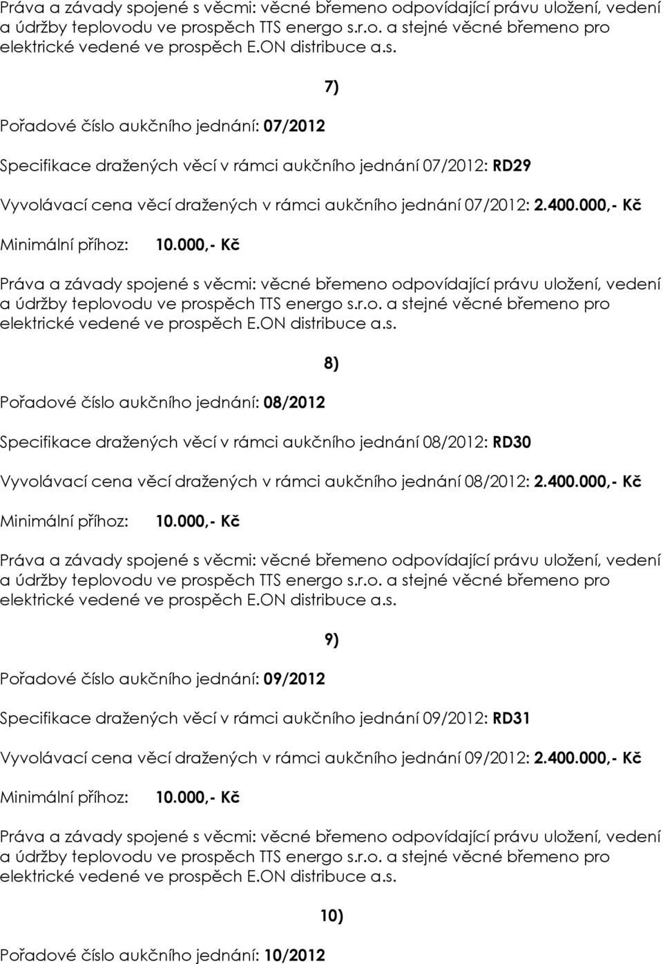 000,- Kč 7) Pořadové číslo aukčního jednání: 08/2012 Specifikace dražených věcí v rámci aukčního jednání 08/2012: RD30 Vyvolávací cena věcí dražených v