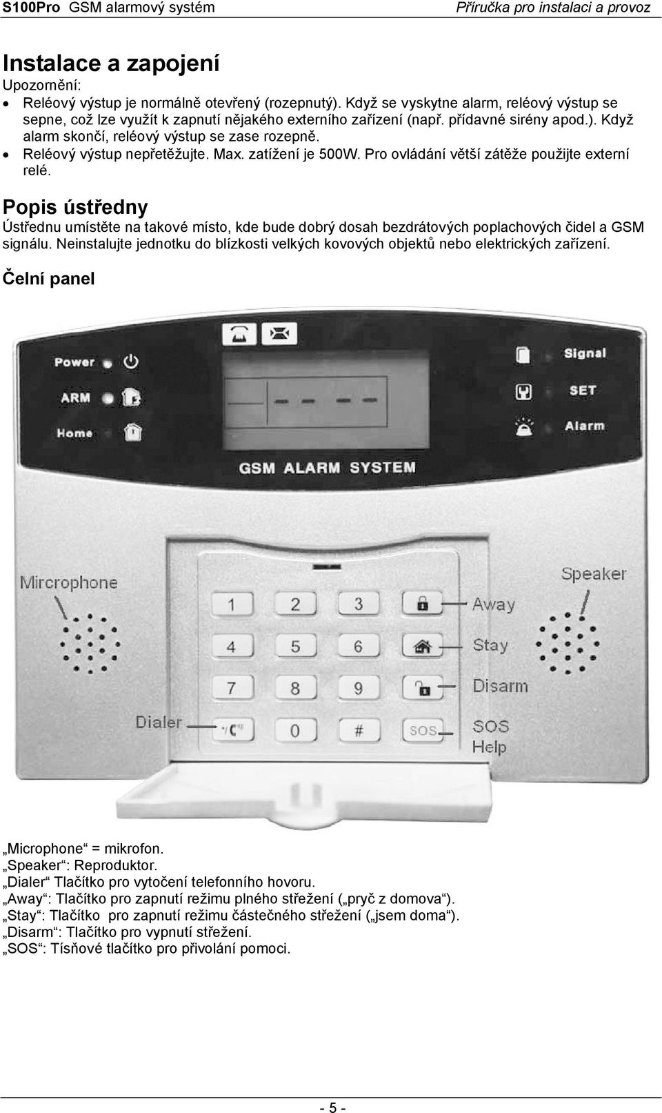 Popis ústředny Ústřednu umístěte na takové místo, kde bude dobrý dosah bezdrátových poplachových čidel a GSM signálu.