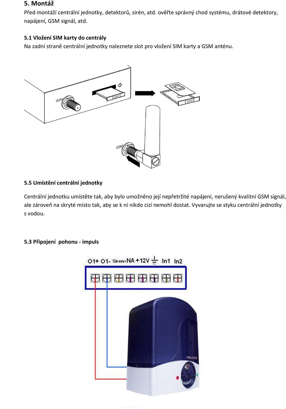 1 Vložení SIM karty do centrály Na zadní straně centrální jednotky naleznete slot pro vložení SIM karty a GSM anténu. 5.