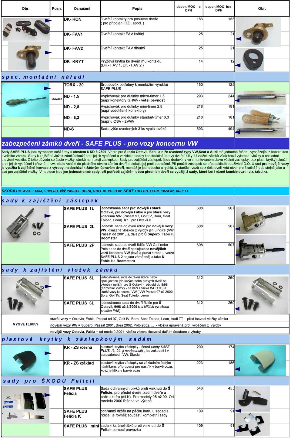 m o n t á ž n í DK- KRYT Pryžová krytka ke dveřnímu kontaktu 14 12 (DK - FAV 1, DK - FAV 2 ) n á ř a d í TORX - 20 Šroubovák potřebný k montážím výrobků 150 125 SAFE PLS ND - 1,5 Vypichovák pro
