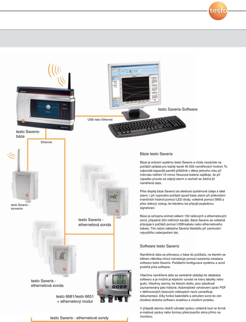 Nouzová baterie zajišťuje, že při výpadku proudu se odpojí alarm a neztratí se žádná již naměřená data. testo Saveris - konvertor Přes displej báze Saveris lze sledovat systémové údaje a také alarm.