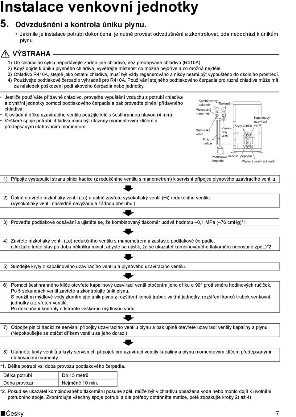 3) Chladivo R410A, stejně jako ostatní chladiva, musí být vždy regenerováno a nikdy nesmí být vypouštěno do okolního prostředí. 4) Používejte podtlakové čerpadlo výhradně pro R410A.