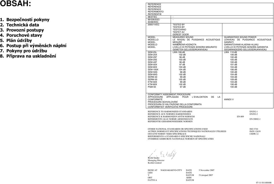 MODELO MODEL SEM-25L SEM-25X SEM-25F SEM-25E SEM-40F SEM-50X SEM-80X SEM-100X SEM-50G SEM-80G SERM-40 SERM-50 KTM-50X KTM-80X PGM-50 MEASURED SOUND LE NIVEAU DE PUISSANCE ACOUSTIQUE MESURÉ NAMĚŘENÁ