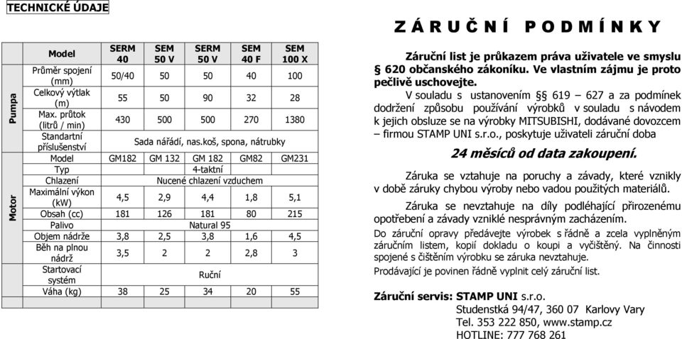 koš, spona, nátrubky Model GM182 GM 132 GM 182 GM82 GM231 Typ 4-taktní Chlazení Nucené chlazení vzduchem Maximální výkon (kw) 4,5 2,9 4,4 1,8 5,1 Obsah (cc) 181 126 181 80 215 Palivo Natural 95 Objem