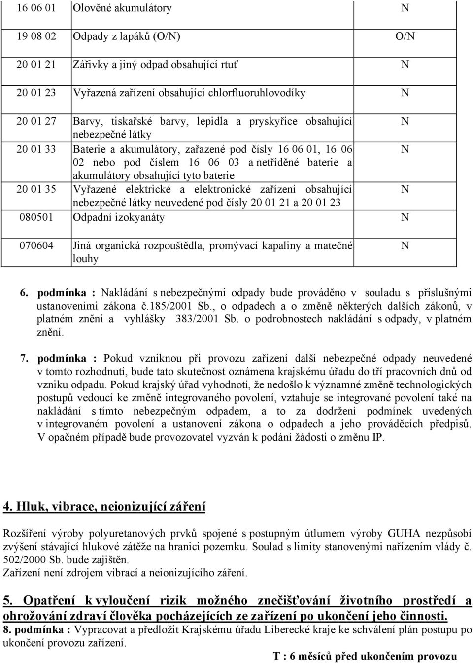 obsahující tyto baterie 20 01 35 Vyřazené elektrické a elektronické zařízení obsahující N nebezpečné látky neuvedené pod čísly 20 01 21 a 20 01 23 0801 Odpadní izokyanáty N 070604 Jiná organická