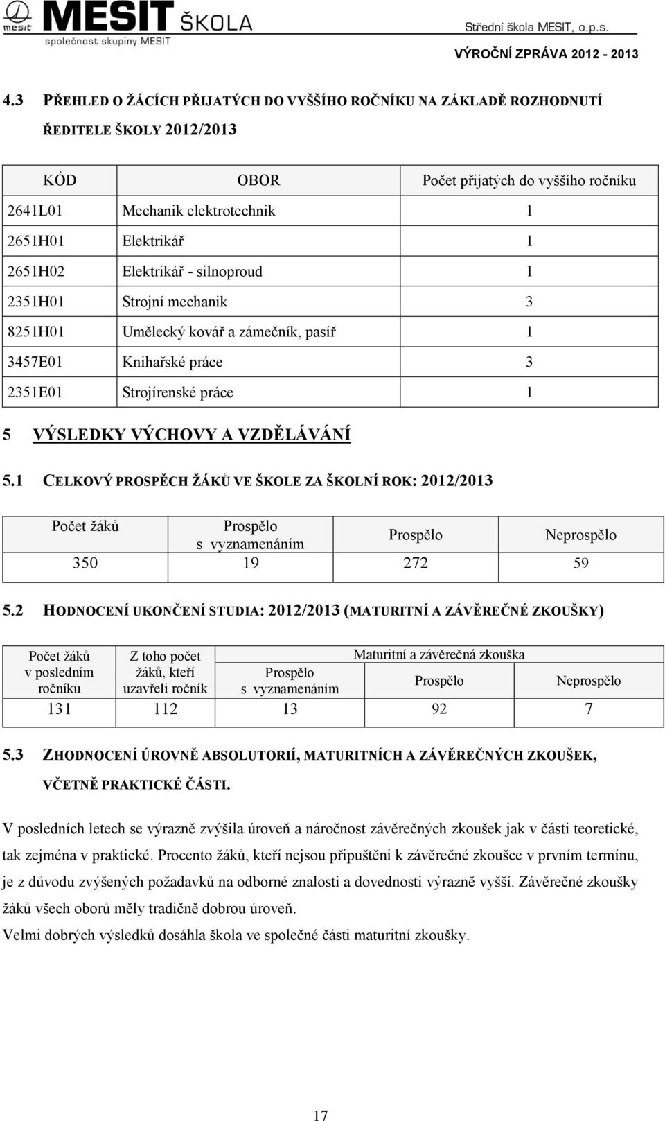 1 CELKOVÝ PROSPĚCH ŽÁKŮ VE ŠKOLE ZA ŠKOLNÍ ROK: 2012/2013 Počet žáků Prospělo Prospělo Neprospělo s vyznamenáním 350 19 272 59 5.