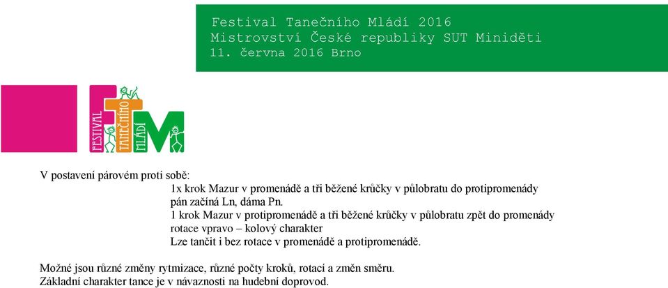 1 krok Mazur v protipromenádě a tři běžené krůčky v půlobratu zpět do promenády rotace vpravo kolový