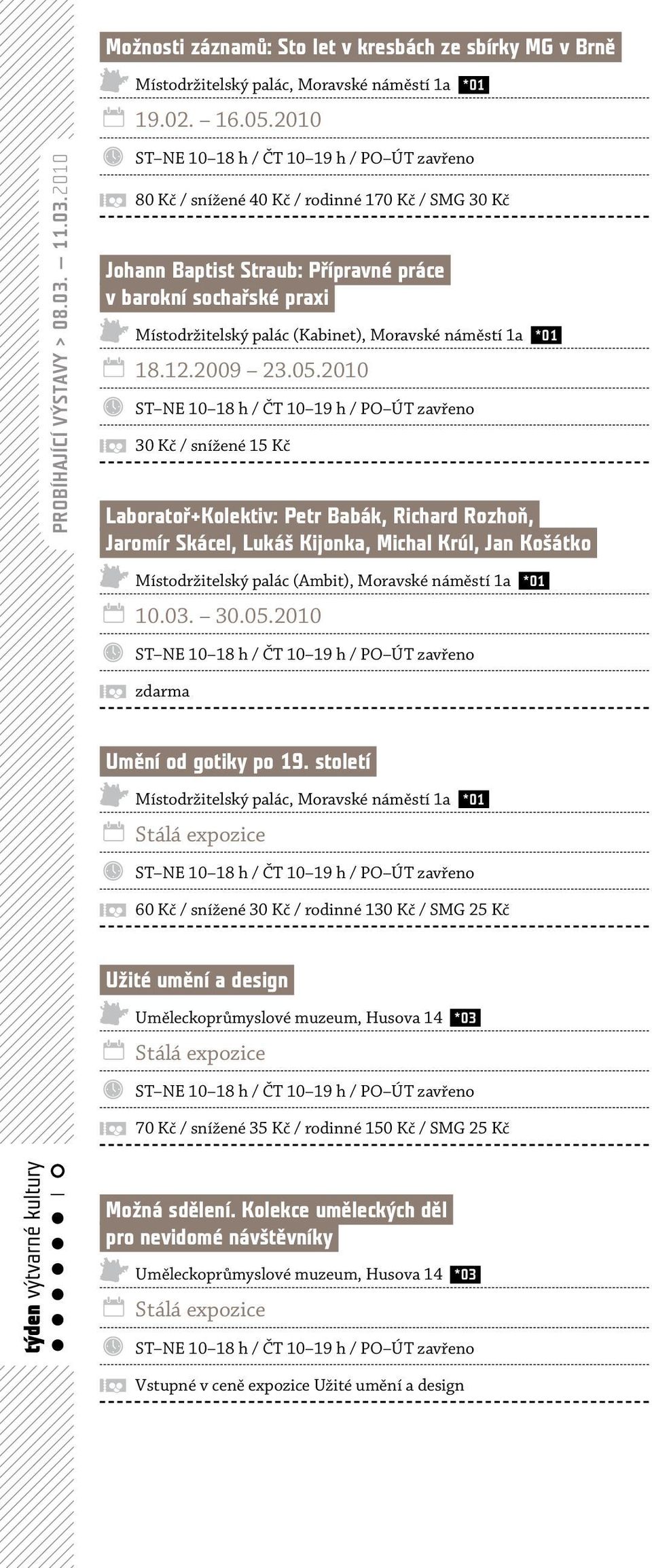 2010 30 Kč / snížené 15 Kč Laboratoř+Kolektiv: Petr Babák, Richard Rozhoň, Jaromír Skácel, Lukáš Kijonka, Michal Krúl, Jan Košátko Místodržitelský palác (Ambit), Moravské náměstí 1a *01 10.03. 30.05.