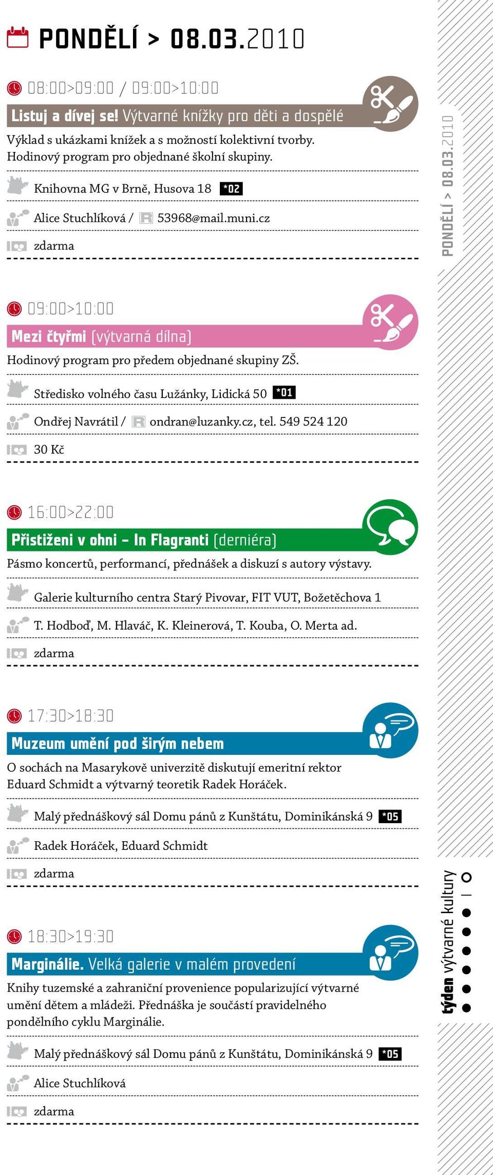 2010 09:00>10:00 Mezi čtyřmi (výtvarná dílna) Hodinový program pro předem objednané skupiny ZŠ. Středisko volného času Lužánky, Lidická 50 *01 Ondřej Navrátil / R ondran@luzanky.cz, tel.