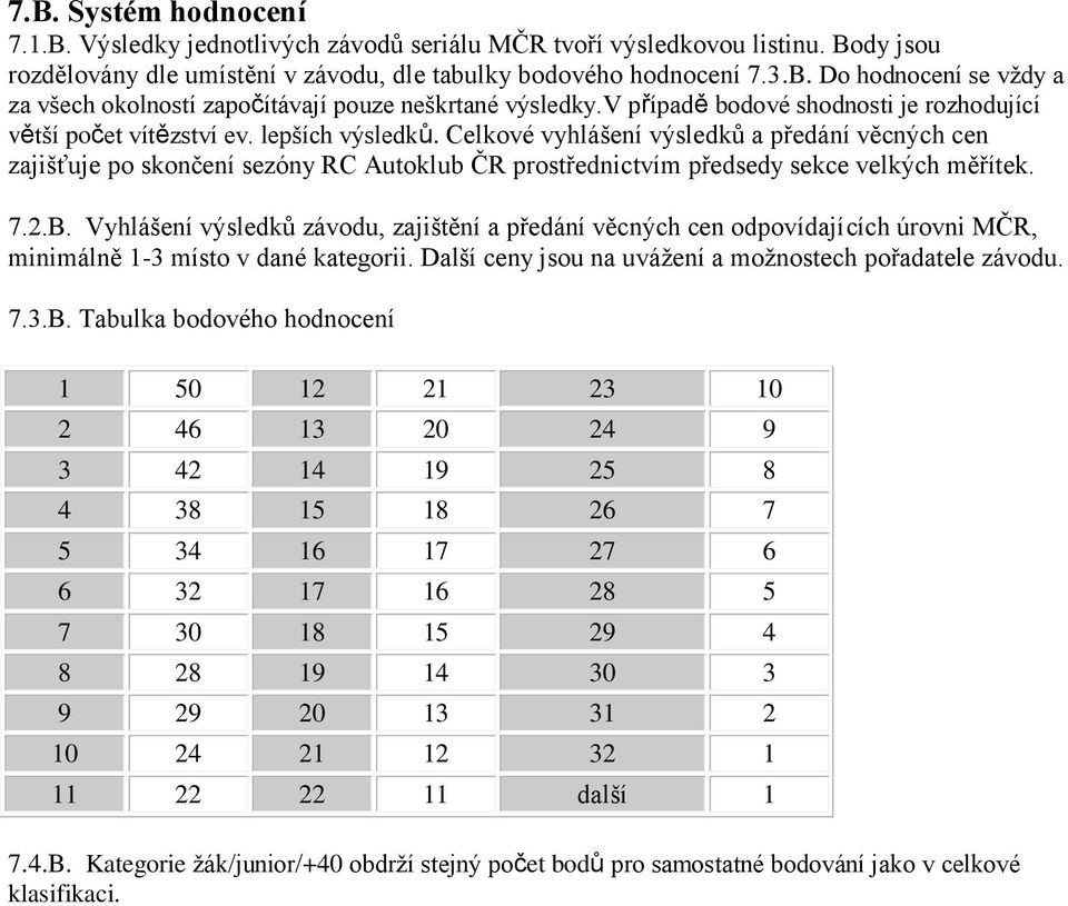 Celkové vyhlášení výsledků a předání věcných cen zajišťuje po skončení sezóny RC Autoklub ČR prostřednictvím předsedy sekce velkých měřítek. 7.2.B.