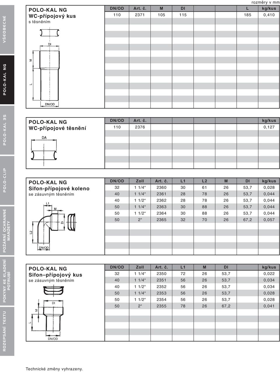 2 2365 32 70 26 67,2 0,057 POLO-KAL NG Sifon pfiípojov kus se zásuvn m tûsnûním DI DN/OD Zoll Art. ã.
