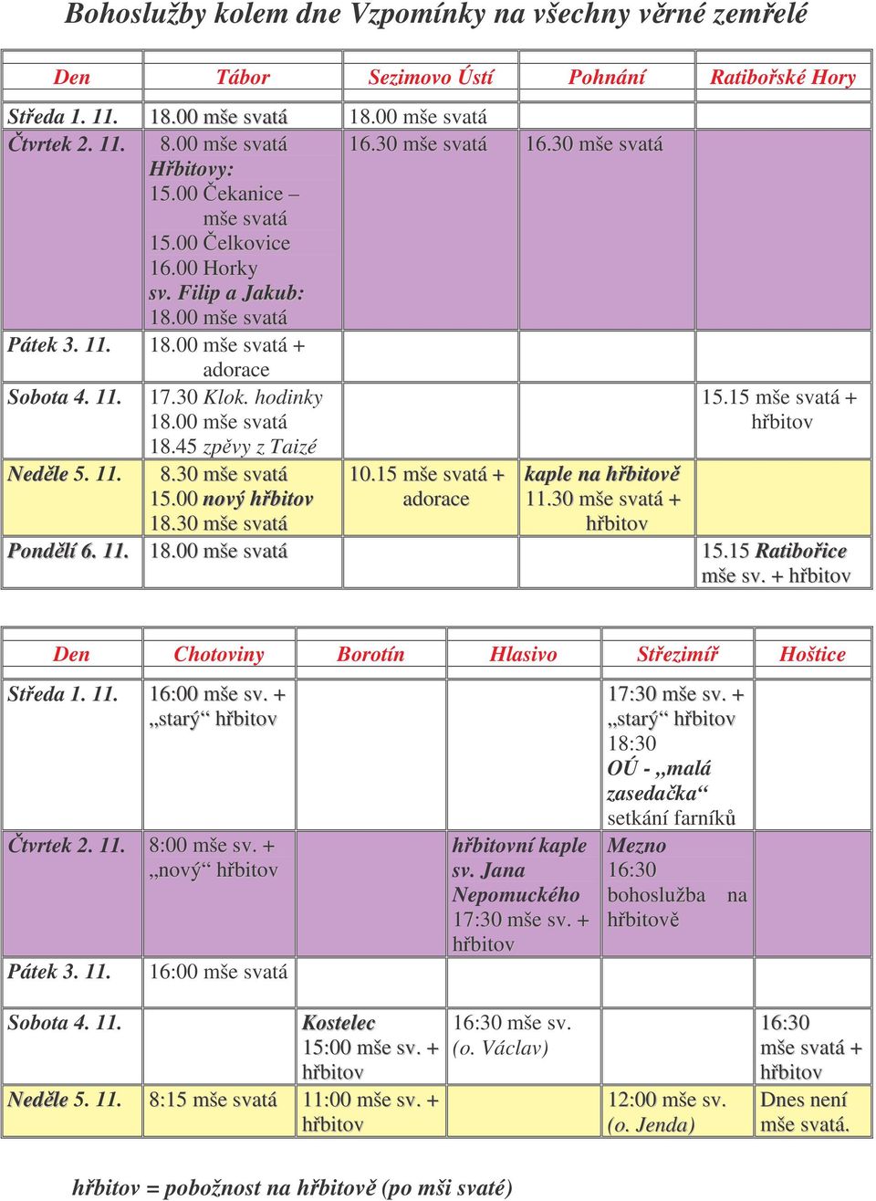 45 zpvy z Taizé Nedle 5. 11. 8.30 mše svatá 10.15 mše svatá + kaple na hbitov 15.00 nový hbitov adorace 11.30 mše svatá + 18.30 mše svatá hbitov Pondlí 6. 11. 18.00 mše svatá 15.