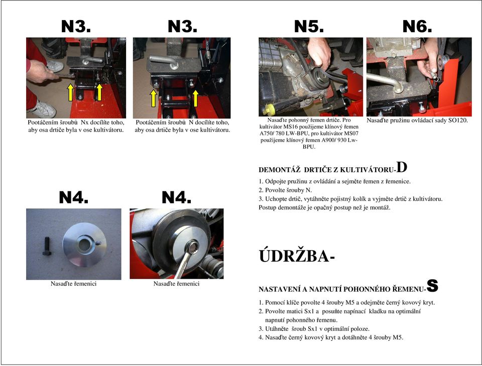 Odpojte pružinu z ovládání a sejměte řemen z řemenice. 2. Povolte šrouby N. 3. Uchopte drtič, vytáhněte pojistný kolík a vyjměte drtič z kultivátoru. Postup demontáže je opačný postup než je montáž.