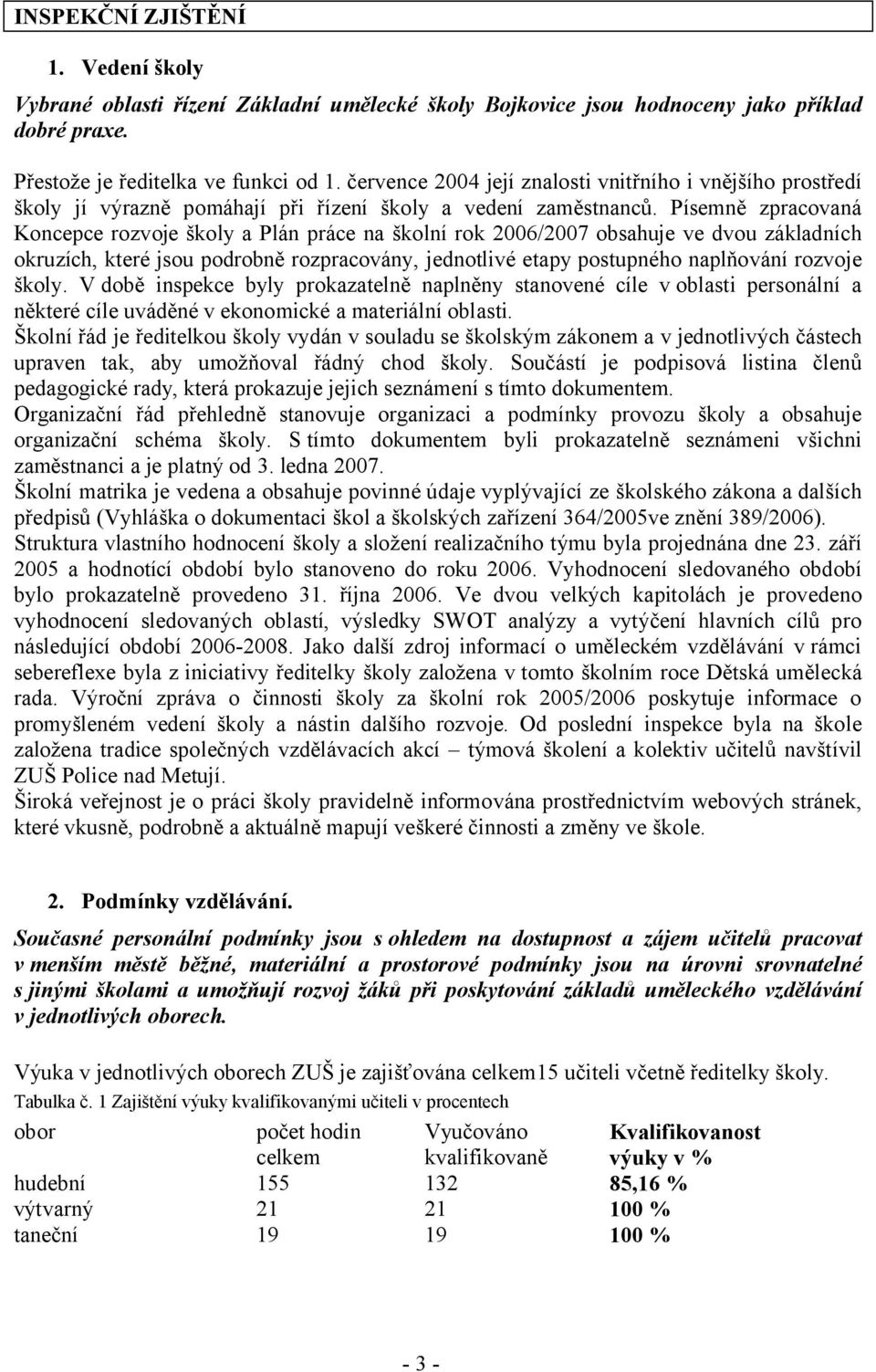 Písemně zpracovaná Koncepce rozvoje školy a Plán práce na školní rok 2006/2007 obsahuje ve dvou základních okruzích, které jsou podrobně rozpracovány, jednotlivé etapy postupného naplňování rozvoje