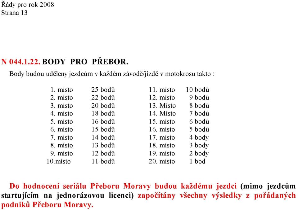 místo 5 bodů 7. místo 14 bodů 17. místo 4 body 8. místo 13 bodů 18. místo 3 body 9. místo 12 bodů 19. místo 2 body 10.místo 11 bodů 20.