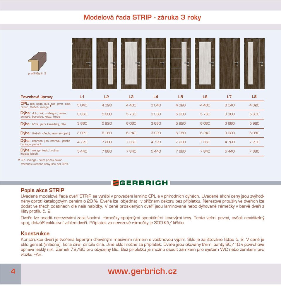 bříza, javor kanadský, olše Dýha: třešeň, ořech, javor evropský 6 240 6 240 Dýha: zebráno, jilm, merbau, jatoba bubingo, padouk 7 360 7 360 Dýha: wenge, teak, hruška, indická jabloň 7 840 7 840 CPL