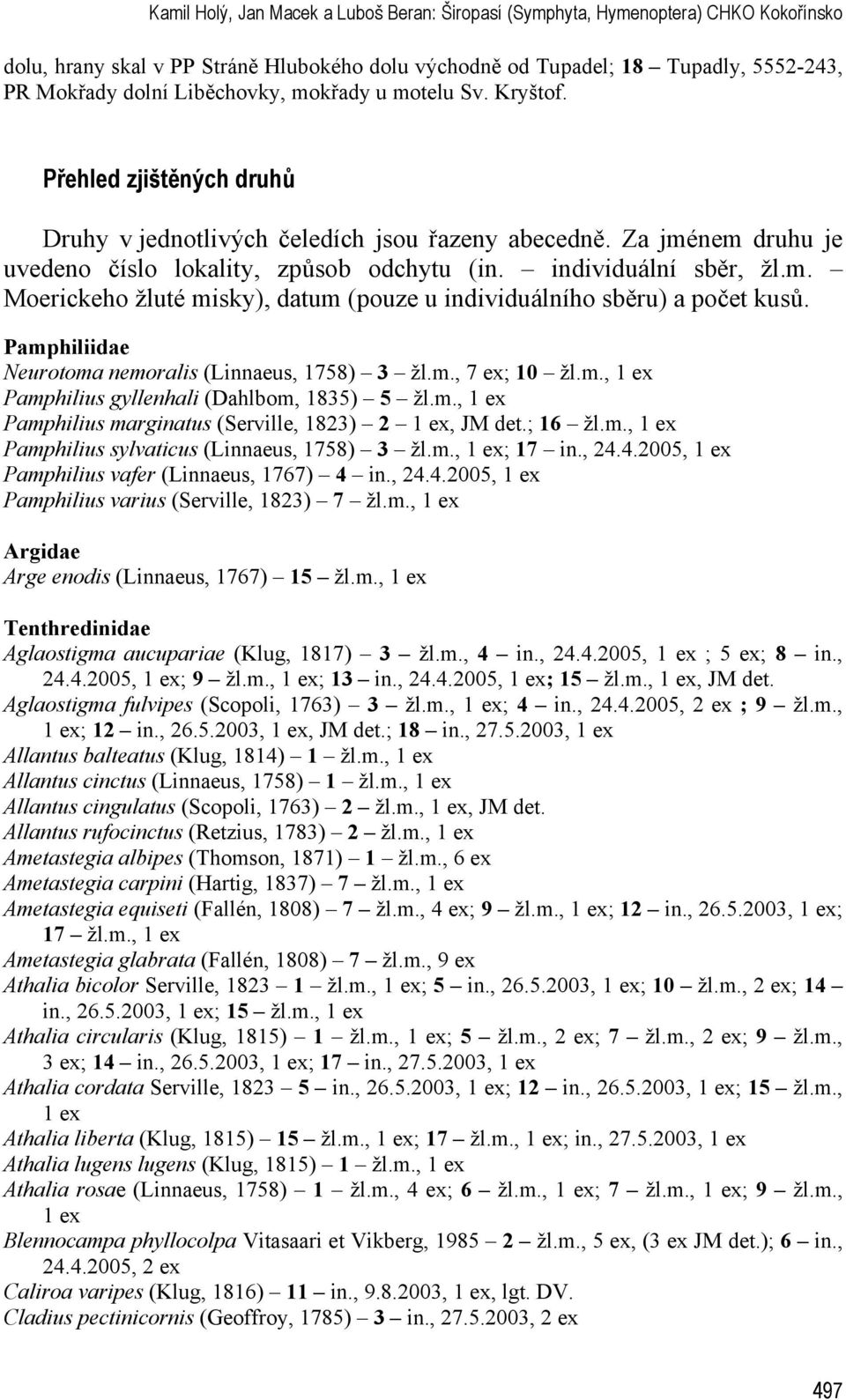 individuální sběr, žl.m. Moerickeho žluté misky), datum (pouze u individuálního sběru) a počet kusů. Pamphiliidae Neurotoma nemoralis (Linnaeus, 1758) 3 žl.m., 7 ex; 10 žl.m., 1 ex Pamphilius gyllenhali (Dahlbom, 1835) 5 žl.