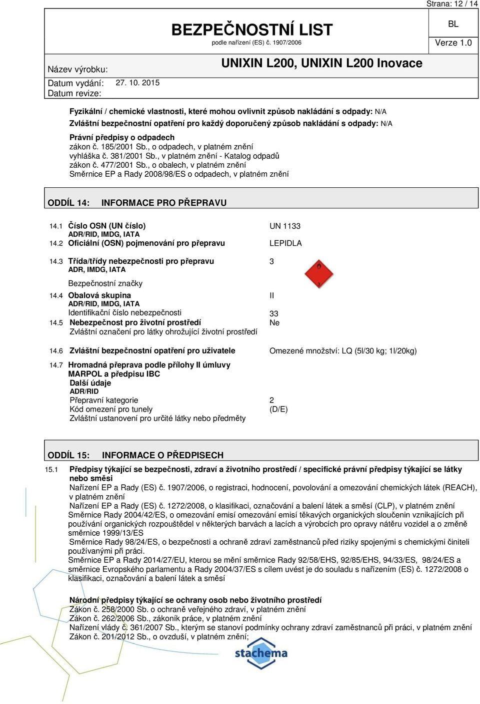 , o obalech, v platném znění Směrnice EP a Rady 2008/98/ES o odpadech, v platném znění ODDÍL 14: INFORMACE PRO PŘEPRAVU 14.1 Číslo OSN (UN číslo) UN 1133 ADR/RID, IMDG, IATA 14.