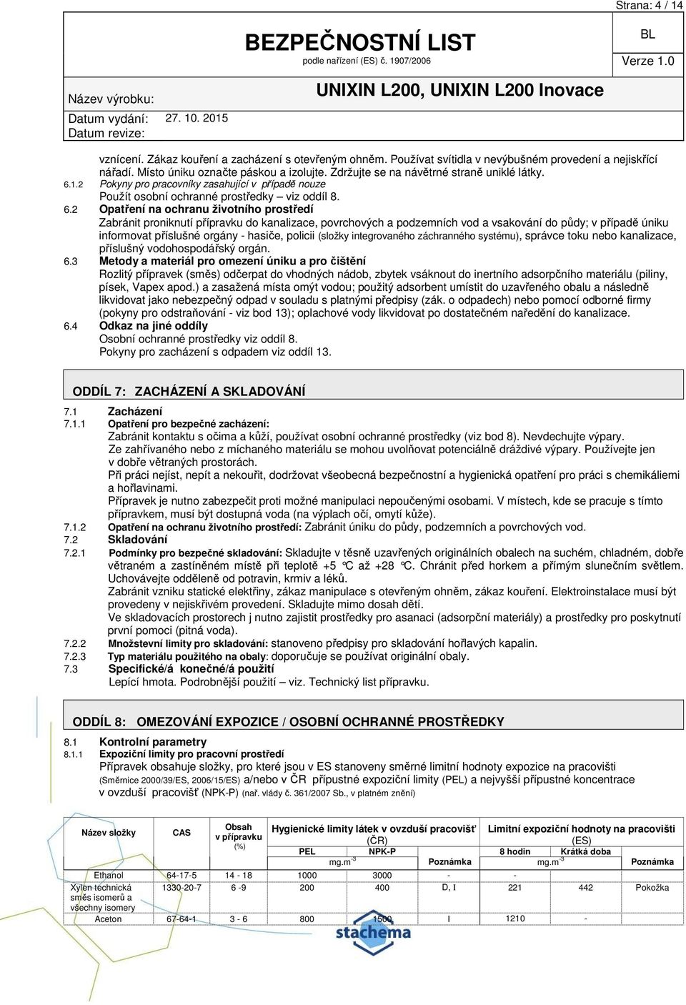 1.2 Pokyny pro pracovníky zasahující v případě nouze Použít osobní ochranné prostředky viz oddíl 8. 6.