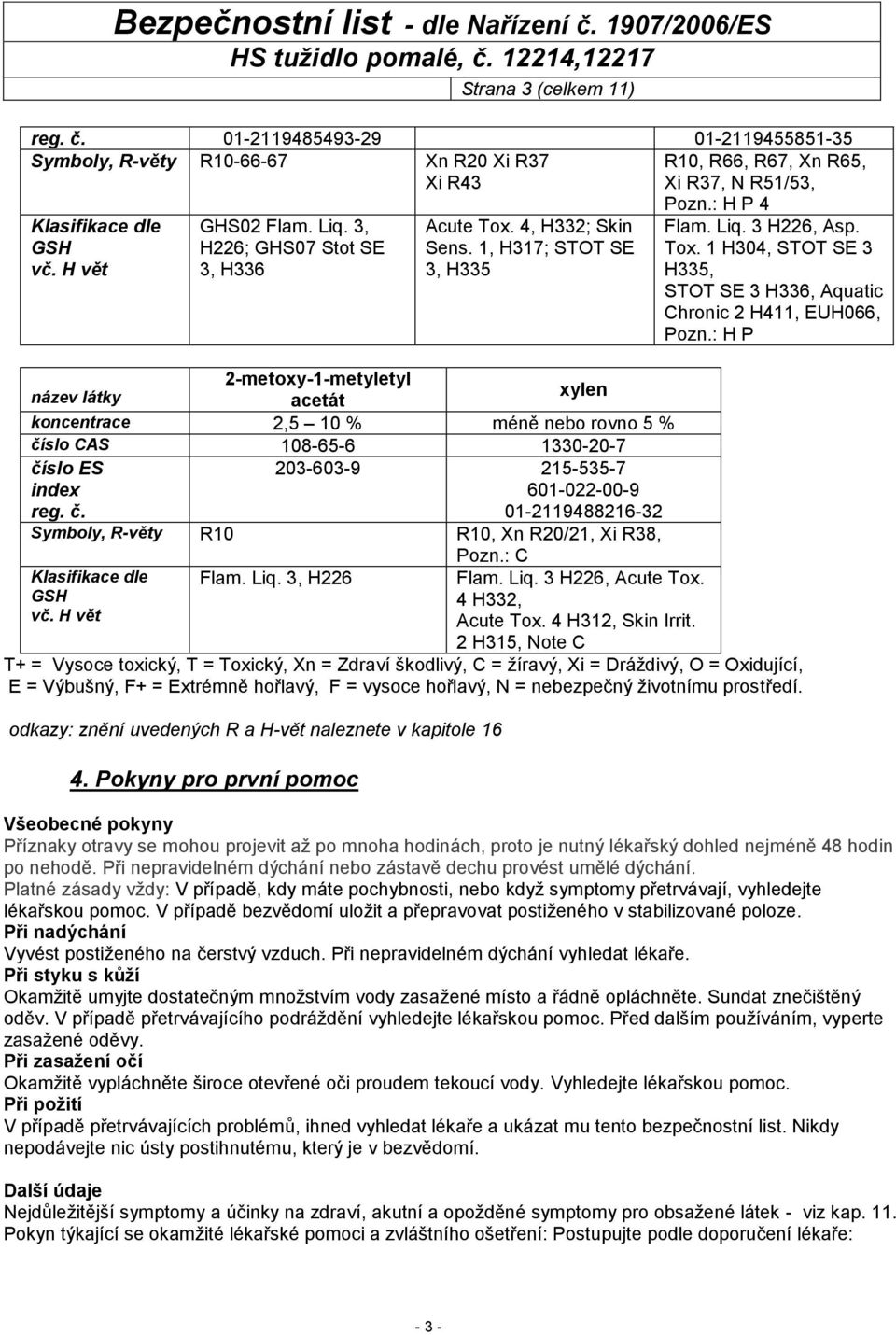 1, H317; STOT SE 3, H335 název látky 2-metoxy-1-metyletyl acetát xylen koncentrace 2,5 10 % méně nebo rovno 5 % čí