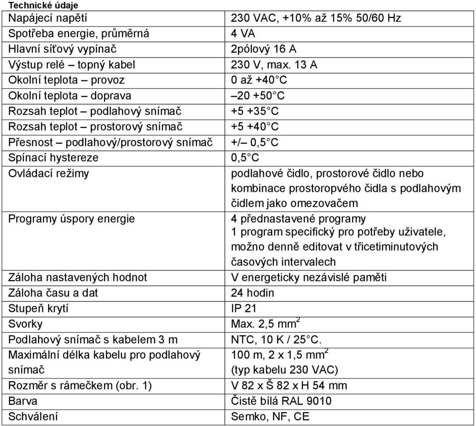 Spínací hystereze 0,5 C Ovládací reţimy podlahové čidlo, prostorové čidlo nebo kombinace prostoropvého čidla s podlahovým čidlem jako omezovačem Programy úspory energie 4 přednastavené programy 1