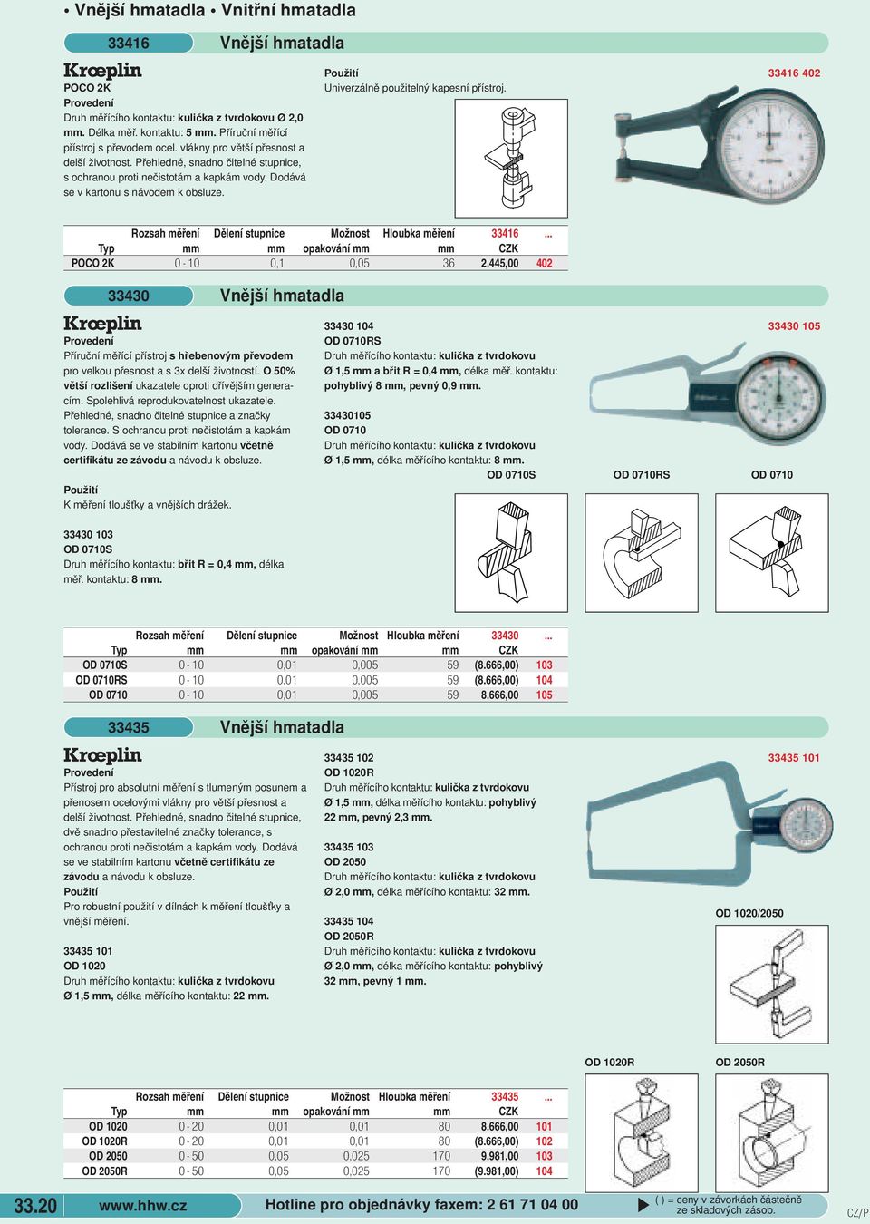 402 Rozsah měření Dělení stupnice Možnost Hloubka měření 33416 Typ mm mm opakování mm mm POCO 2K 0-10 0,1 0,05 36 2445,00 402 33430 Vnější hmatadla u Příruční měřící přístroj s hřebenovým převodem