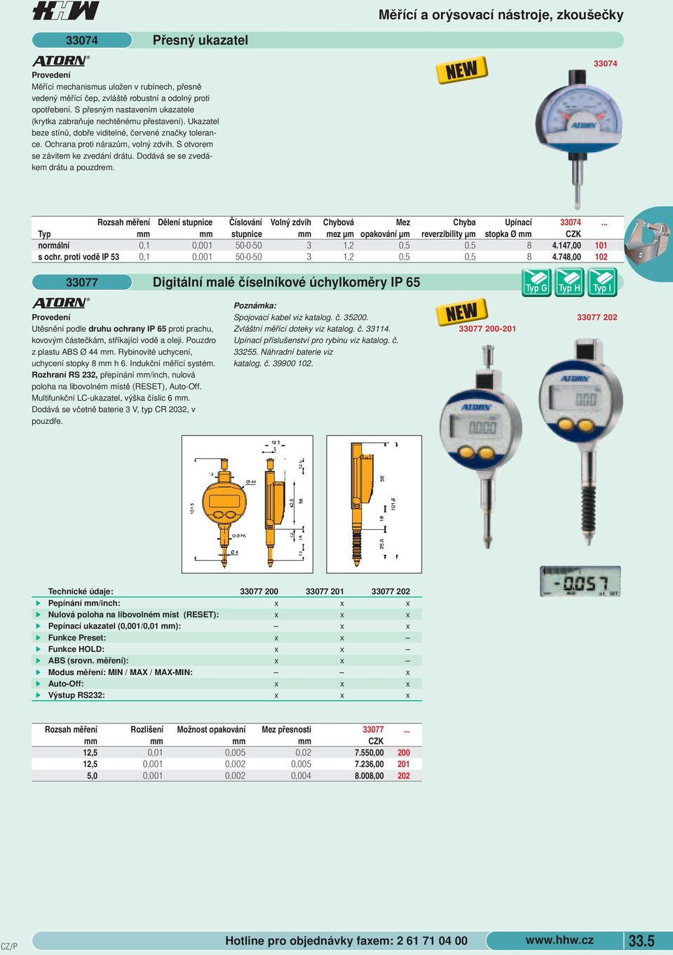 zvedákem drátu a pouzdrem 33074 Rozsah měření Dělení stupnice Číslování Volný zdvih Chybová Mez Chyba Upínací 33074 Typ mm mm stupnice mm mez µm opakování µm reverzibility µm stopka Ø mm normální 0,1