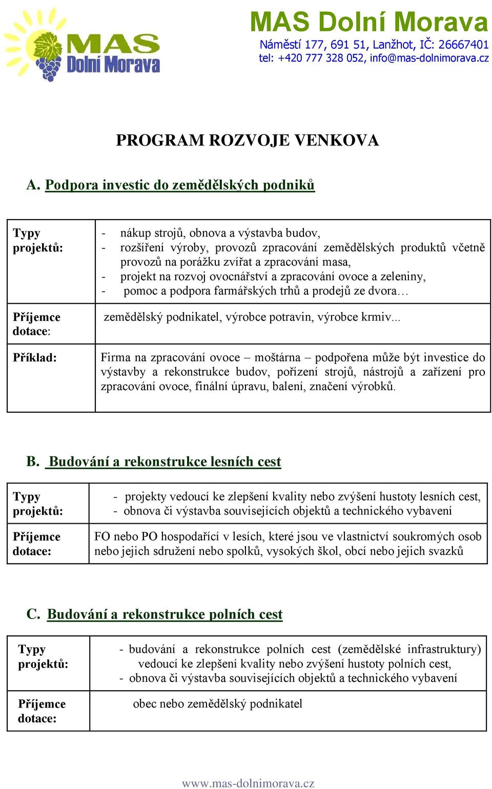 masa, - projekt na rozvoj ovocnářství a zpracování ovoce a zeleniny, - pomoc a podpora farmářských trhů a prodejů ze dvora zemědělský podnikatel, výrobce potravin, výrobce krmiv.