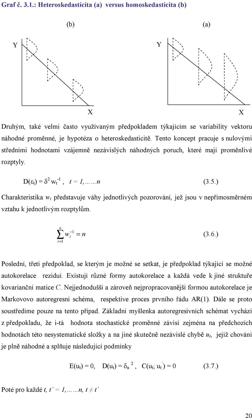 heteroskedasticitě. Tento koncept pracuje s nulovými středními hodnotami vzájemně nezávislých náhodných poruch, které mají proměnlivé rozptyly. D(ε t ) = δ 2 w t -1, t = 1, n (3.5.