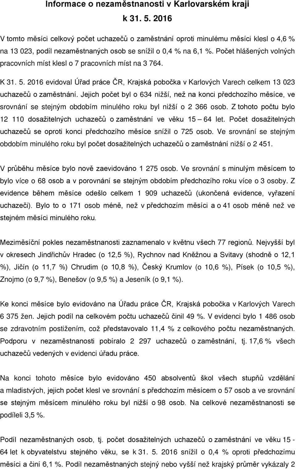 Počet hlášených volných pracovních míst klesl o 7 pracovních míst na 3 764. K 31. 5. 2016 evidoval Úřad práce ČR, Krajská pobočka v Karlových Varech celkem 13 023 uchazečů o zaměstnání.