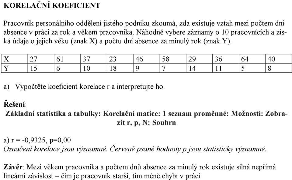 X 27 61 37 23 46 58 29 36 64 4 Y 15 6 1 18 9 7 14 11 5 8 a) Vypočtěte koeficient korelace r a interpretujte ho.