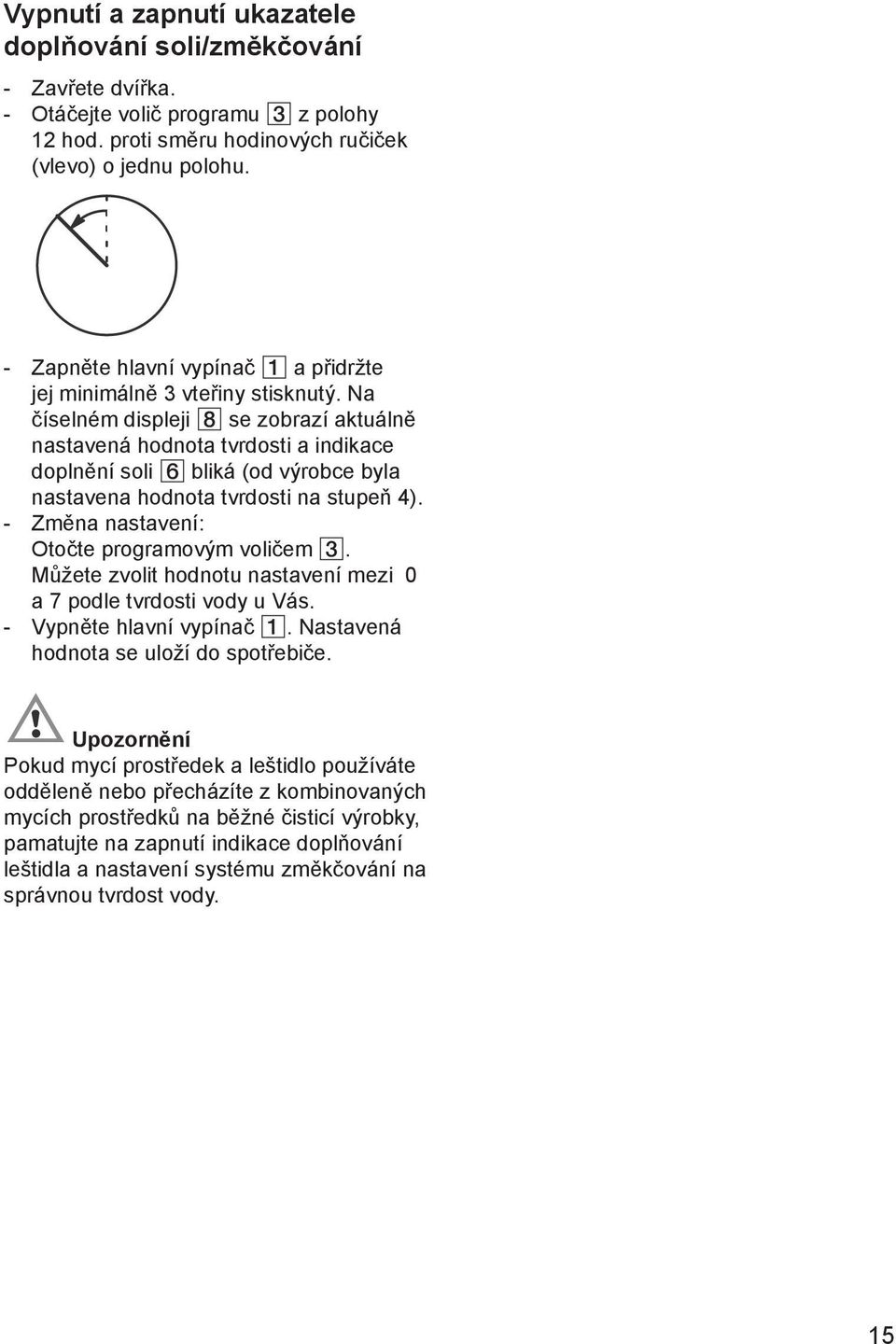 Na číselném displeji se zobrazí aktuálně nastavená hodnota tvrdosti a indikace doplnění soli bliká (od výrobce byla nastavena hodnota tvrdosti na stupeň 4).