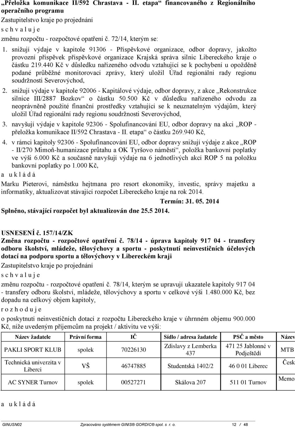 440 Kč v důsledku nařízeného odvodu vztahující se k pochybení u opožděně podané průběžné monitorovací zprávy, který uložil Úřad regionální rady regionu soudržnosti Severovýchod, 2.